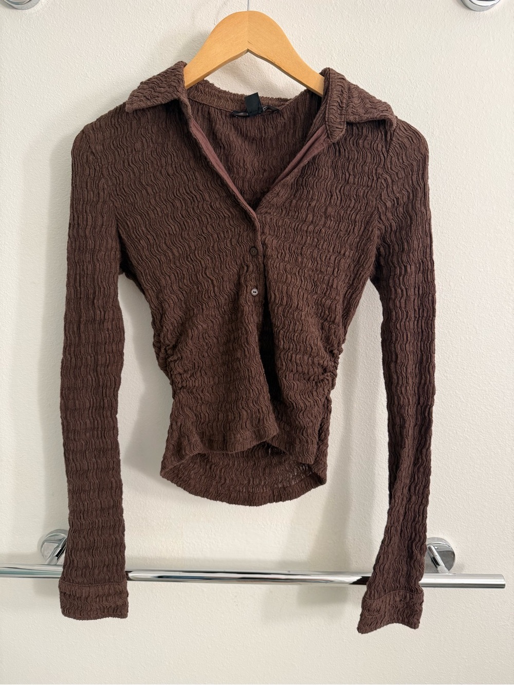 All Saints Textured Ruched Long-Sleeve Button Top - Brown